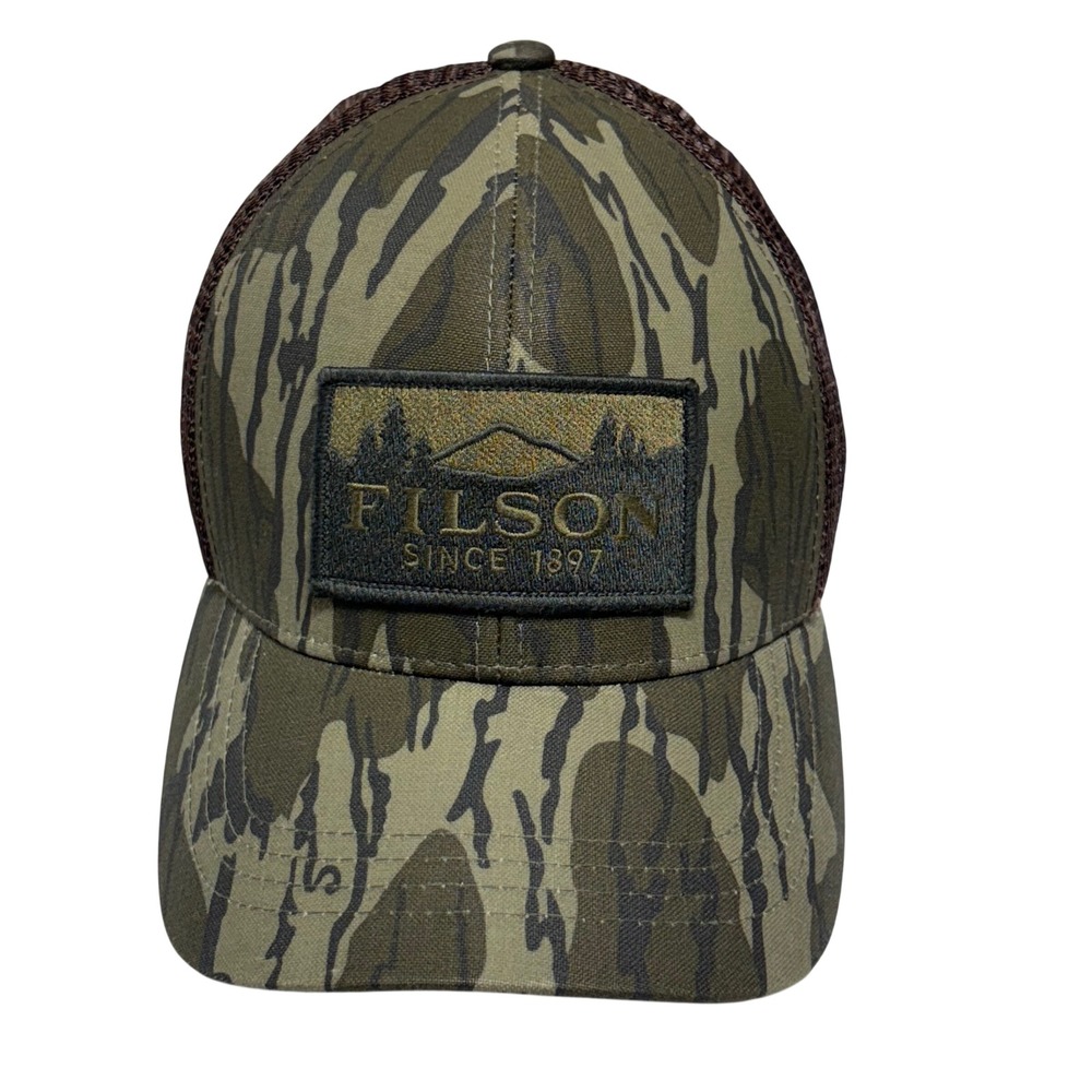 Filson x Mossy Oak Mesh Logger Cap OS Bottomland Camo Trucker Hat‎ Leather Strap